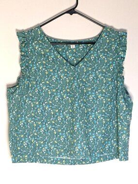 ANA Womens Shirt XXL Green Ruffle Tank Top V Neck Sleeveless Flowy Calico Floral